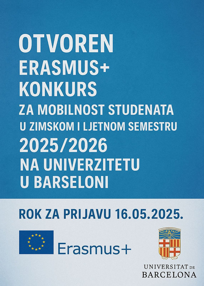 Otvoren Erasmus+ konkurs za mobilnost studenata u zimskom i ljetnom semestru 2025/26 na Univerzitetu u Barselo