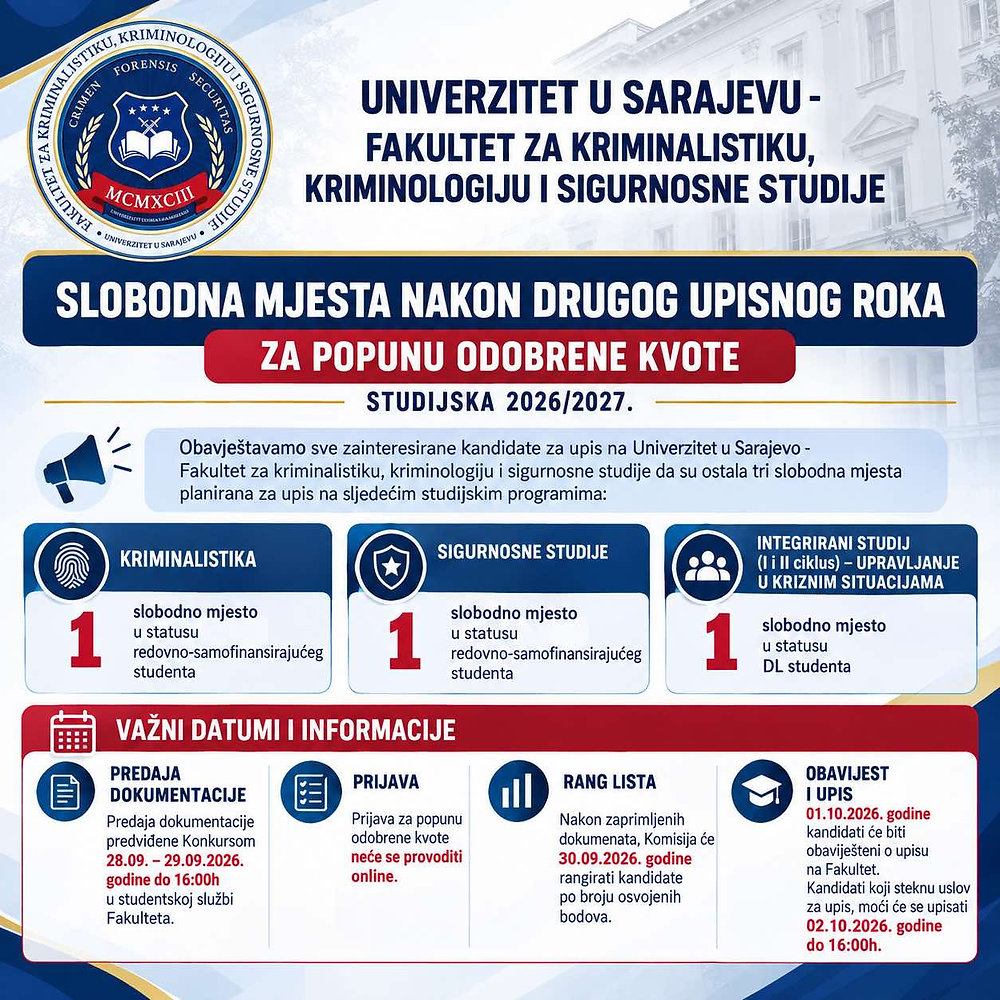 Obavijest o prijemu dokumentacije za popunu slobodnih mjesta nakon drugog upisnog roka