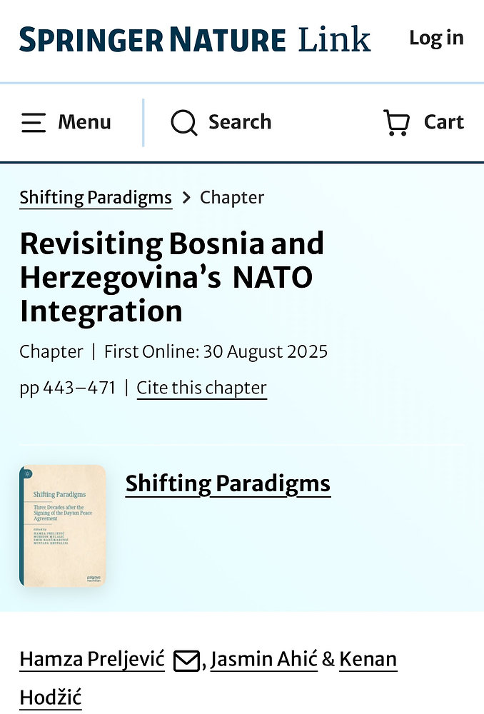 Poglavlje “Revisiting Bosnia and Herzegovina’s NATO Integration” objavljeno u izdanju izdavačke kuće Palgrave